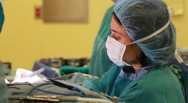 Dr. Leila Kasrai performing complex plastic surgery procedure holding scalpel.