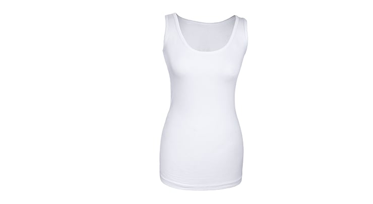 Plain white cotton tank top to wear under a tummy tuck compression garment.