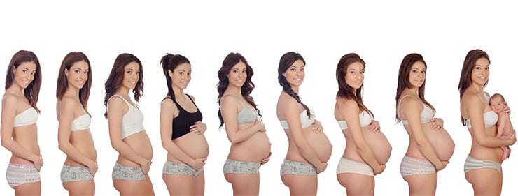 A woman in different stages of pregnancy and after, step by step